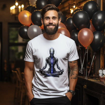 Dream Signal Men's Fitted T-Shirt - Biomechanical Sci-Fi Meditating Alien Robot Graphic Tee - Premium Tultex Ringspun Cotton